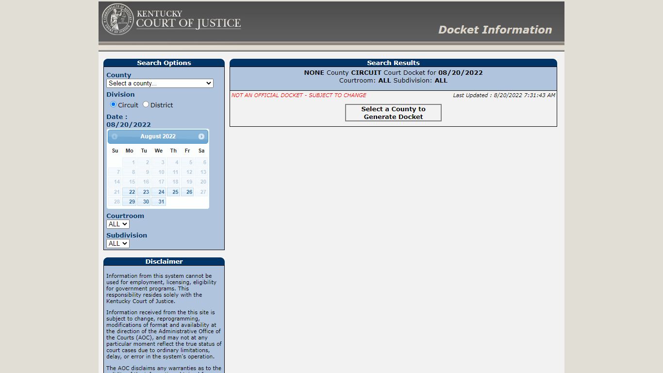 KCOJ Docket - kcoj.kycourts.net